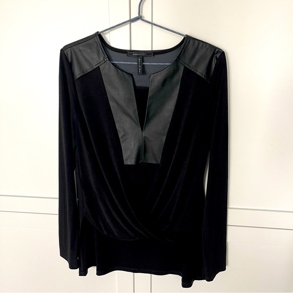BCBG Max Azria Faux black leather long sleeve top